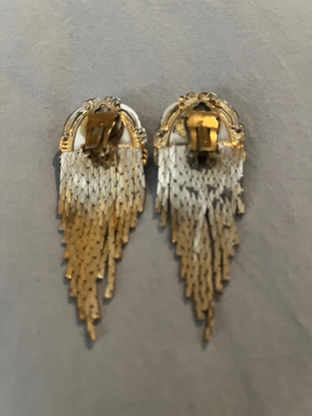 Vintage Gold-Tone Fringe Earrings with White Oval Cabochon - Picture 2 of 2